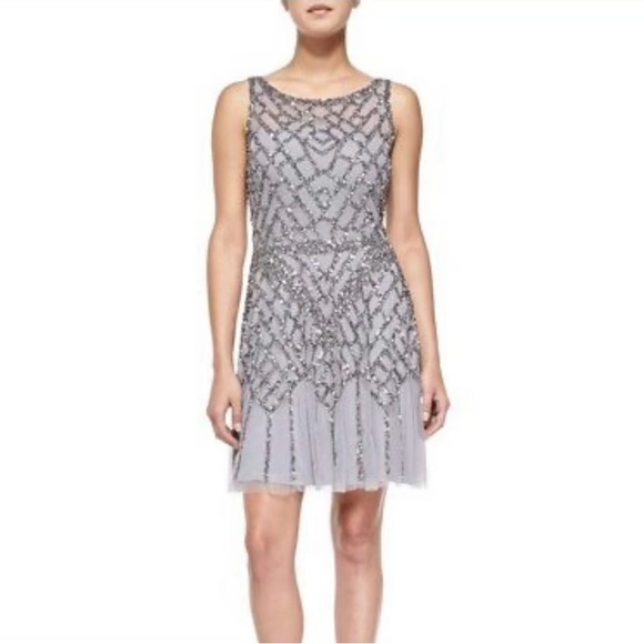 Aidan Mattox Silver Gray Sequin Mini Cocktail Dress 10 - Picture 1 of 14